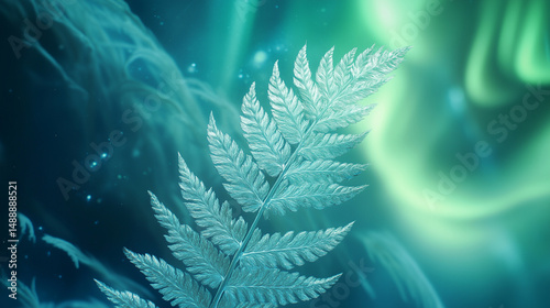 A silver fern against a backdrop of swirling auroras