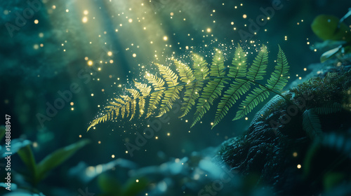 A dreamlike fern bending under the weight of shimmering stardust