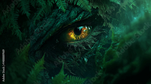 A mystical creatureâs eye peering through glowing fern foliage