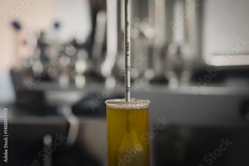 Hydrometer floating in a yellow liquid inside a graduated cylinder, used for measuring specific gravity in a laboratory setting