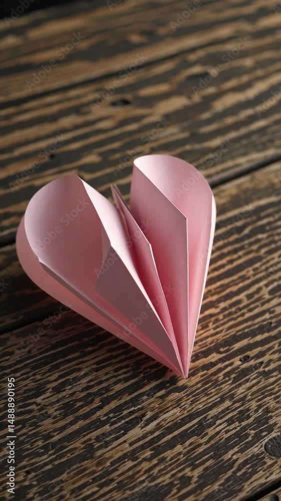 Cœur en papier rose plié façon origami sur une table en bois rustique

