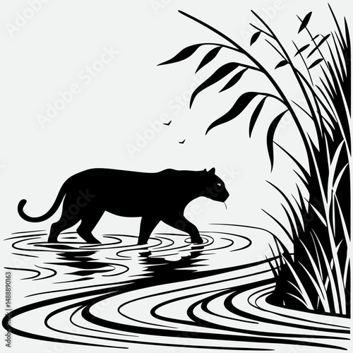 A tiger swimming across a river with rippling water reflections and reeds  image silhouette design vector art and illustration