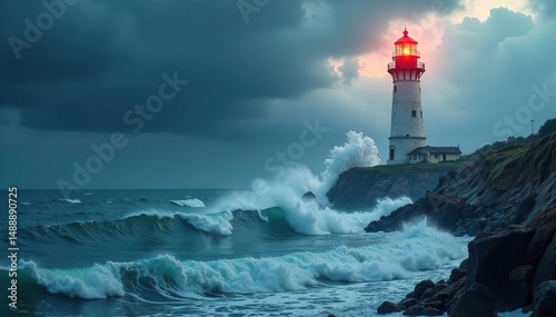 Isolated lighthouse battered by waves, stormy sky, hurricane, wave, dark