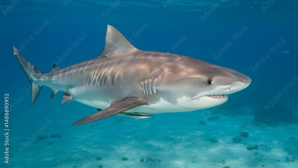 Naklejka premium High-resolution image of a bull shark swimming gracefully in the clear blue ocean.