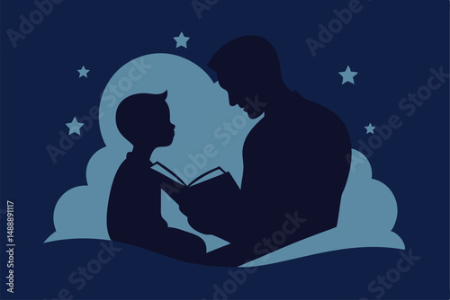 Romantic blue silhouette illustration of a mother and son gazing at the night sky with a heart-shaped moon and stars