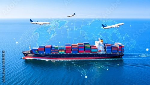 Global Trade Concept – Cargo Ship with Containers, Airplanes, and Digital World Map Overlay