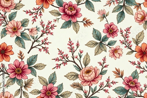 Intricate floral design with delicate leaves and blossoms forms a beautiful seamless pattern , fabric, spring, design