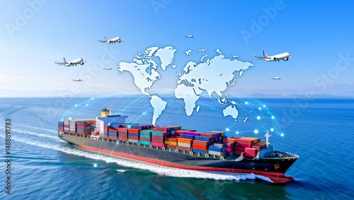 Global Trade Concept – Cargo Ship with Containers, Airplanes, and Digital World Map Overlay
