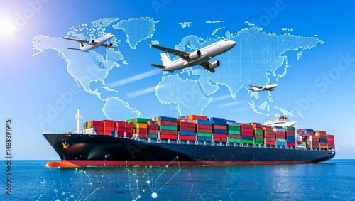 Global Trade Concept – Cargo Ship with Containers, Airplanes, and Digital World Map Overlay