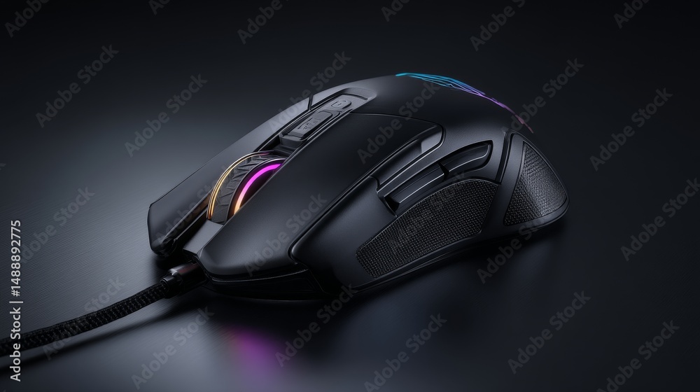 High-tech gaming mouse with customizable lighting and multiple programmable buttons. High-tech gaming mouse with customizable lighting and multiple programmable buttons.
