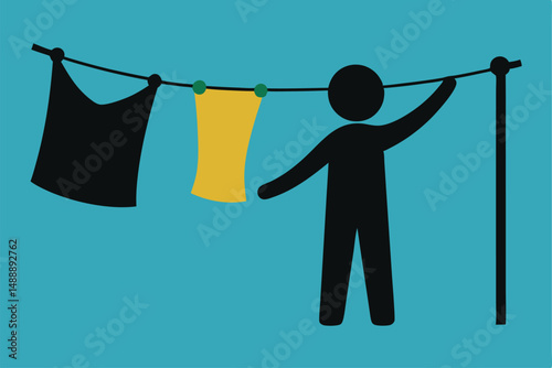 Businessman hanging clothes and baby items on a clothesline under a blue sky, symbolizing the delicate balance of work and family life