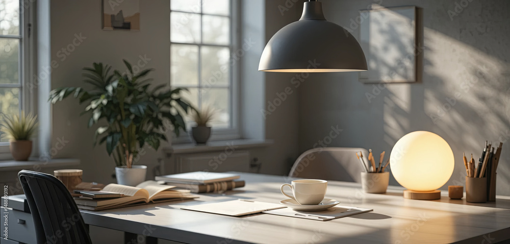 Fototapeta premium A well-lit workspace features a modern lamp casting warm light over a table. Plants add greenery while open books and a cup suggest a focus on reading and work