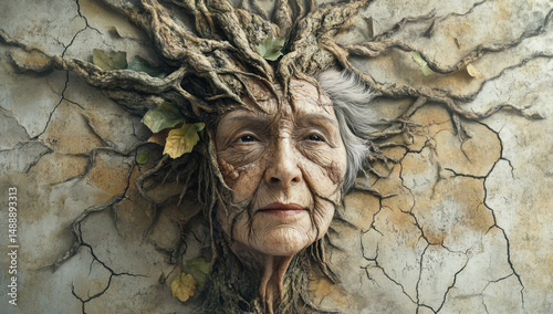 Aged Woman, Embracing Nature's Roots