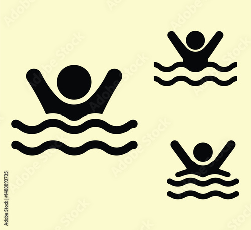 Simple Black Swimmer Silhouettes in Water, Vector Icons Set