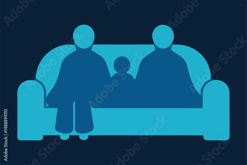 Family of four watching TV together in the living room, a symbol of love and communication