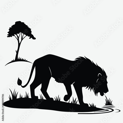 A lion drinking from a waterhole with its reflection  image silhouette design vector art and illustration