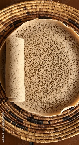 Traditional injera bread with porous surface. Ethiopian fermented flatbread, slightly sour, served on woven basket