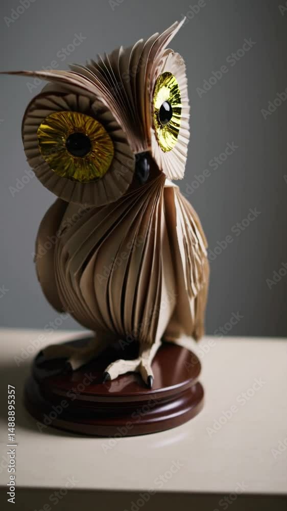 Sculpture de hibou en papier avec grands yeux dorés sur socle en bois

