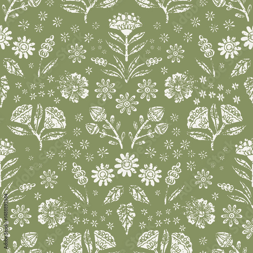 Vector Seamless Bold Floral Pattern Textured Green  Pattern