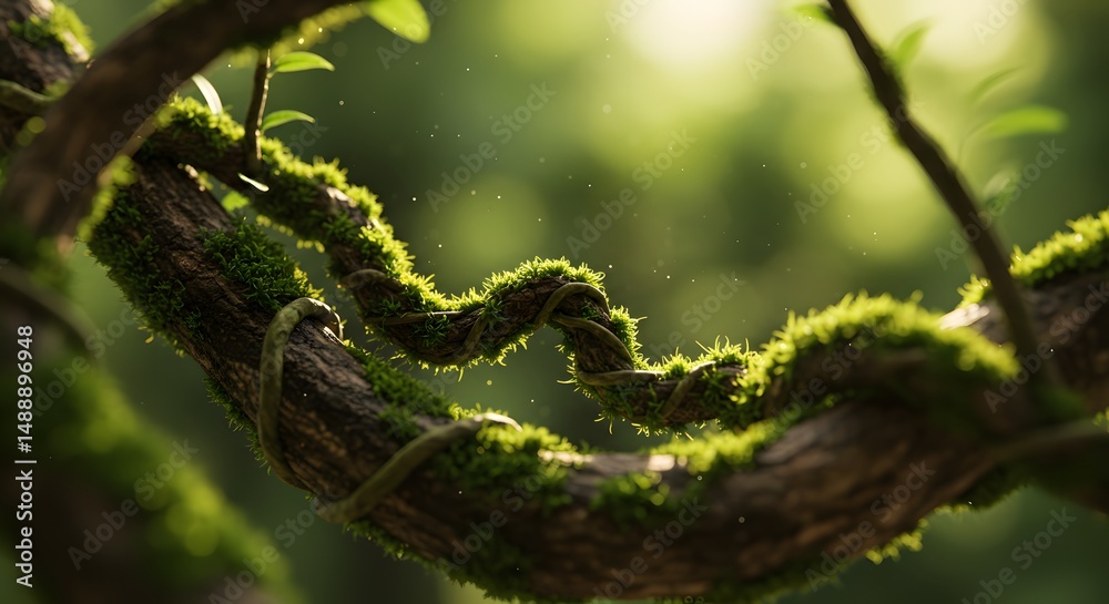 Naklejka premium Lush Green Vine Winding Around Mossy Tree Branch in Forest Sunlight