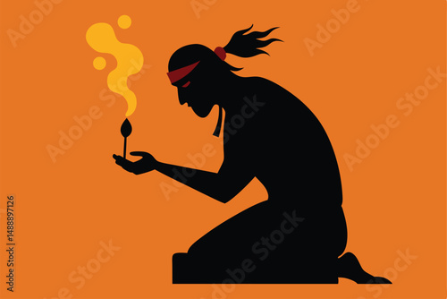 Silhouette of a man with a sword, people, and a woman at sunset, a vector illustration in orange and black