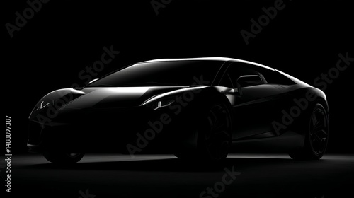 Sleek black sports car silhouette in dramatic lighting against a dark background.