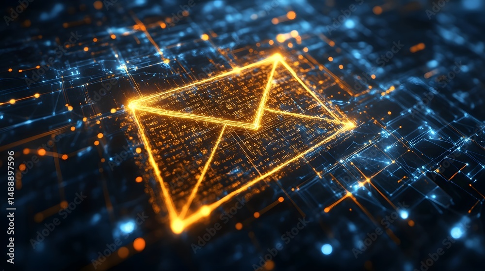 Fototapeta premium Glowing email symbol on a digital circuit board with orange and blue lights