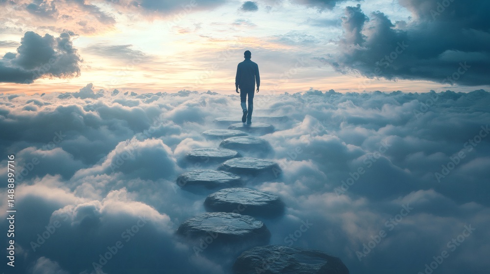 Fototapeta premium 18. Man walking across sky-high stepping stones surrounded by clouds