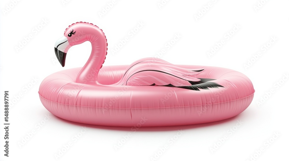Fototapeta premium Cute pink flamingo shaped inflatable, product display on white