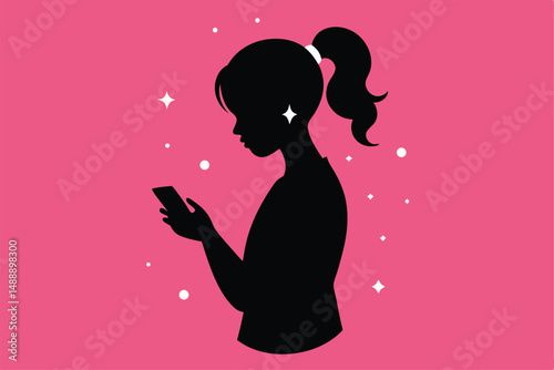A glamourous vector illustration of a woman's silhouette with flowing hair and a pink dress, embracing a heart, embodying beauty, love, and fashion