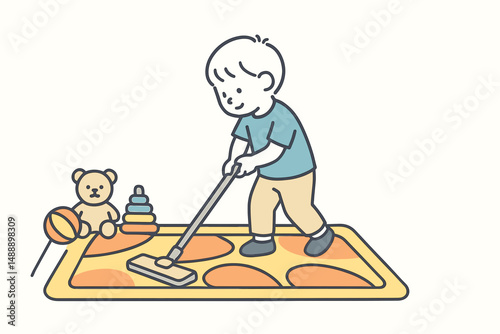 Young child vacuuming carpet while playing with toys at home  