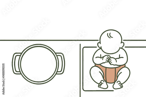 Baby sitting on potty, wearing diaper, in minimalist kitchen setting  
