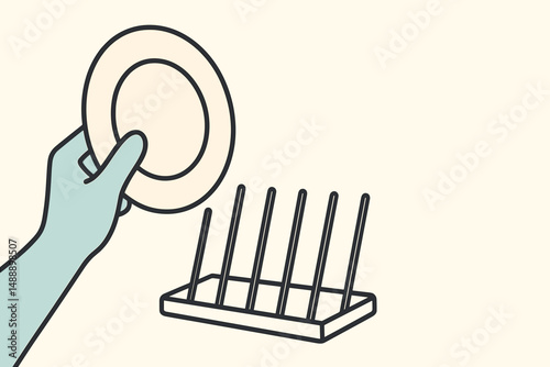 Hand placing plate on simple empty plate rack in minimal style  