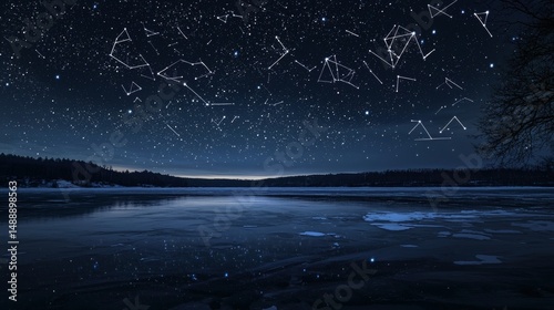 34. Night sky lit by giant geometric constellations over a frozen lake