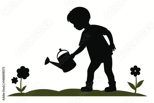 Silhouetted woman or girl watering plants, an illustration of people working in a garden