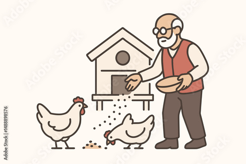 Elderly man feeding chickens in front of a barn during daytime  