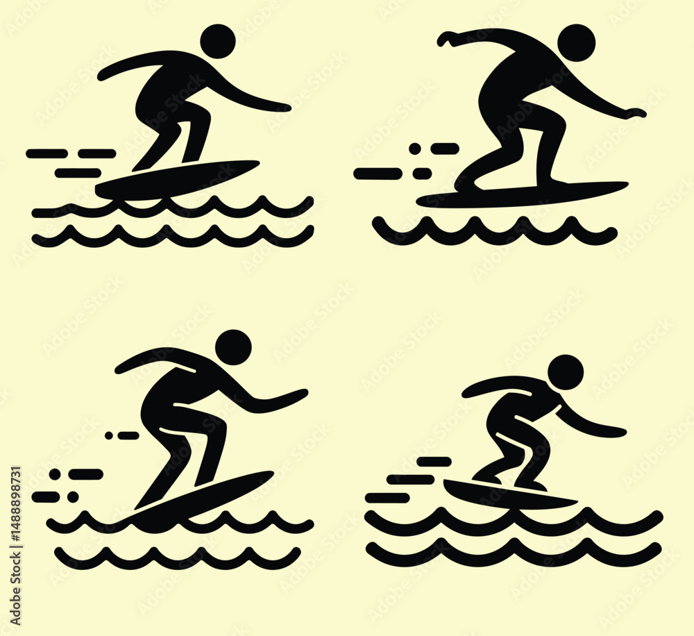 Obraz premium Dynamic Surfer Silhouettes on Waves, Vector Water Sport Icons Collection