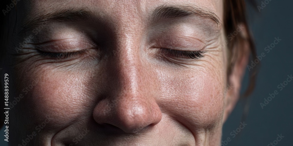 Obraz premium Close-up Portrait of Smiling 40-Year-Old Woman with Closed Eyes Against Dark Grey Background