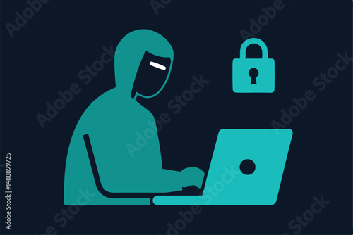 Hacker with laptop illustrating computer security with a lock and key symbol for safe internet protection