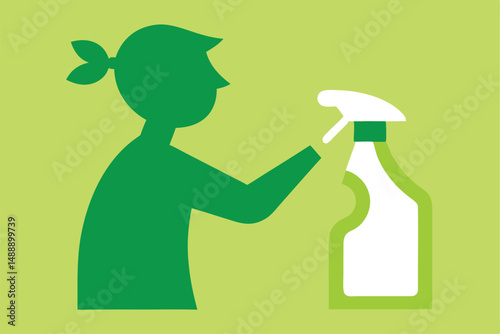 Illustration of a man with a glass bottle of wine and a plastic spray bottle of green cleaning liquid, isolated on white