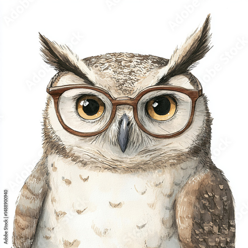 An illustration shows a portrait of an owl with tan and white feathers, wearing brown glasses, against a white background.