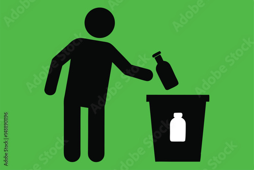 Recycling icon with a black silhouette of a person putting trash in a bin, a conceptual vector illustration of the recycling symbol design