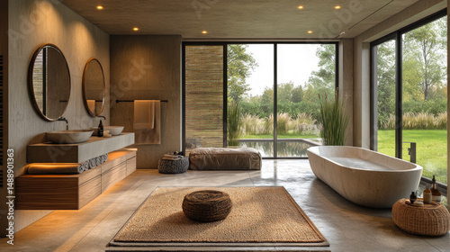 Modern spa-like bathroom with large windows, freestanding tub, double sinks, natural materials, and serene views, offering a relaxing retreat.  
