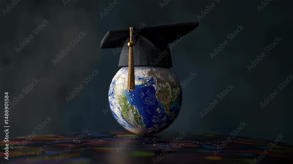 Global education concept Earth globe wearing a graduation cap