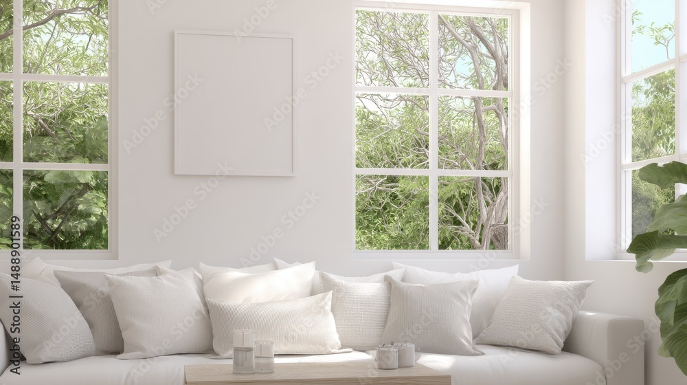 Fototapeta premium Bright and Airy Living Room with Minimalist Decor and Natural Light Streaming Through Windows Surrounded by Lush Greenery