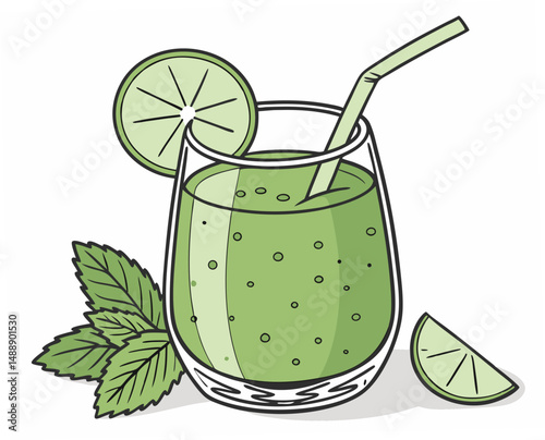 Green smoothie in glass with straw and fresh lime slices  