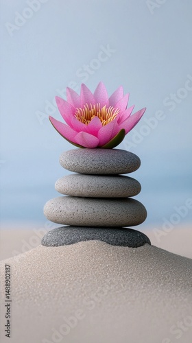 Zen harmony stacked stones and a lotus in serene sand