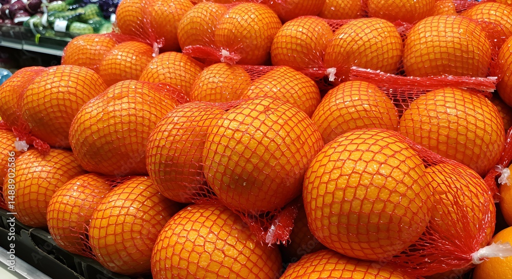Fototapeta premium Pile of Grapefruit in Red Netting