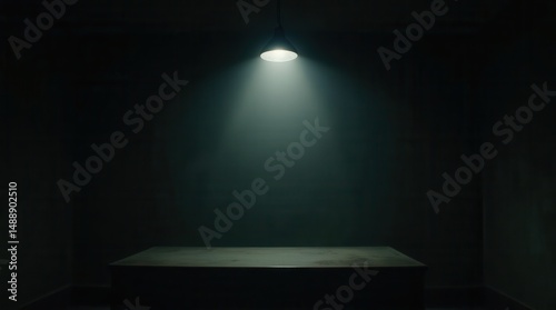 Low-angle view of a bright spotlight in a dark, gritty interrogation room, creating an oppressive, intimidating mood with a strong light beam.

