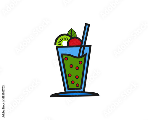 Green smoothie in a tall glass with garnishes and a straw  